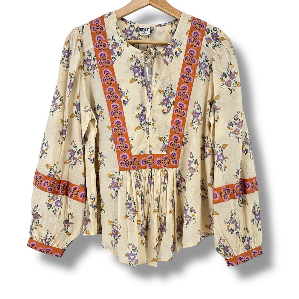 Bila 77 Ridgewood Boho Floral Bouquet Peasant Top Shirt Womens Size Small